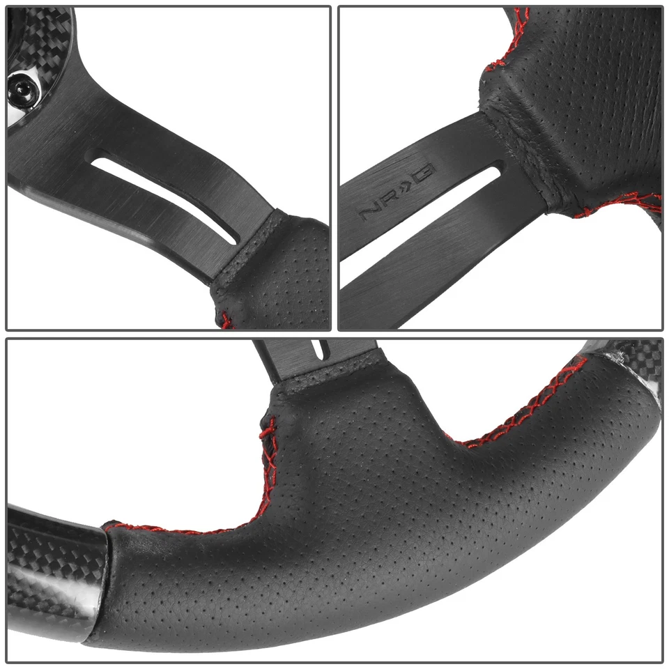 NRG 350MM 1.5" PLATO PROFUNDO PUNTO ROJO VOLANTE FIBRA CARBONO CON ACENTO CUERO Foto 3 de 4