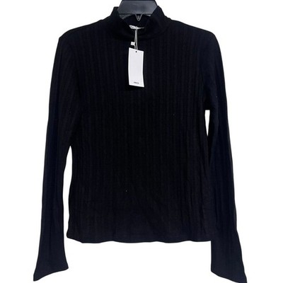 NWT MNG by Mango Black Ribbed Long Sleeve Mock Neck Top Shirt Large Minimalist