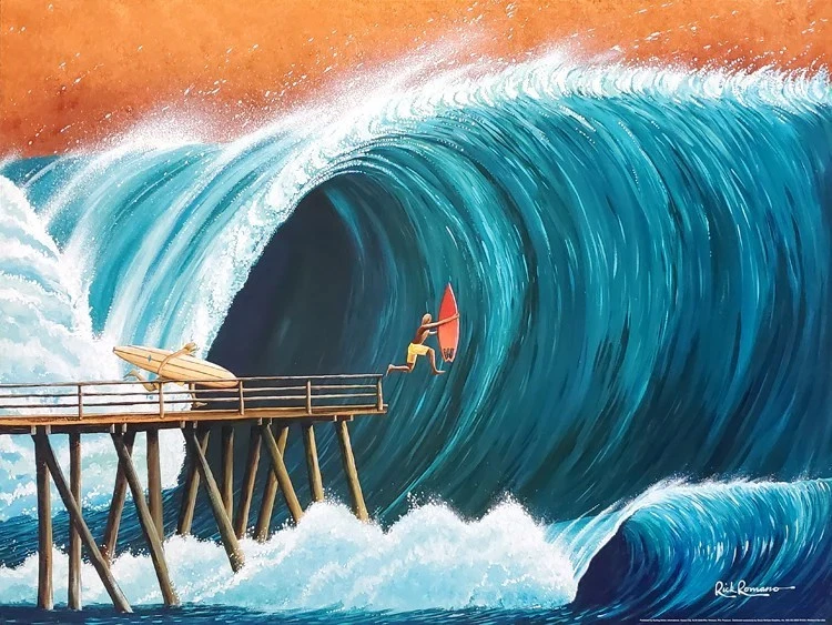 Pier Pressure Surfing Big Wave, Rick Romano, Decoração de Parede Impressão Artística para Casa 11" X 14" - Imagem 2 de 2