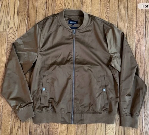 Pre-Owned BONOBOS The Boulevard Bomber, Slim Fit, Brown Satin, SZ LG, Full Zip - product listing photo
