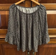 Max Studio Womens Black Floral Blouse Bell Sleeves Relaxed Tunic Sz M