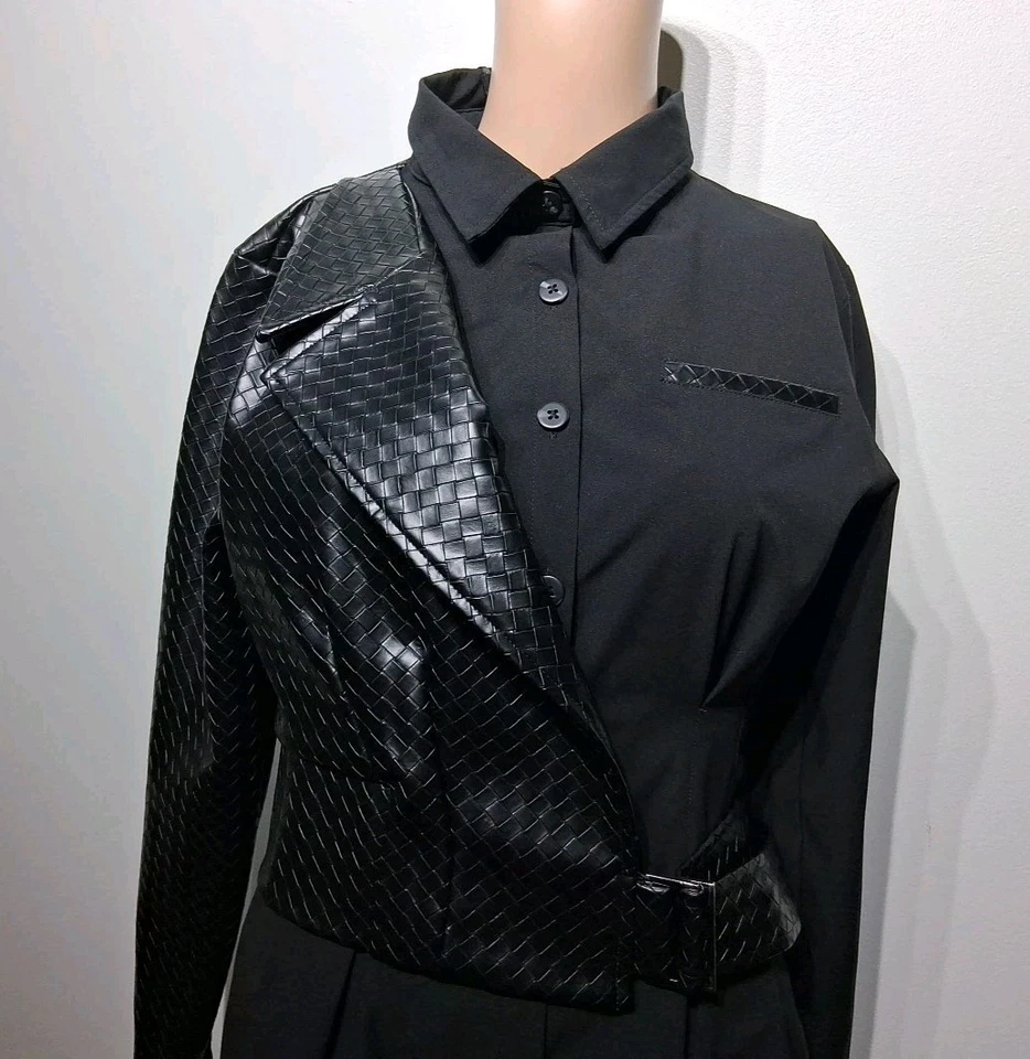 Maniere De Voir Black Woven Vegan  Leather Overlay Shirt Dress Size 2 NWT - Image 3 of 4