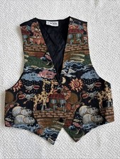 Vintage Noah  s Ark Tapestry Vest Facets By Mirror Sz S Black Animals