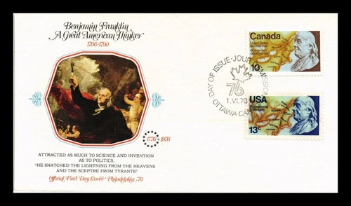 AMERICAN INDEPENDENCE CANADA & USA JOINT BEN FRANKLIN 1976 FLEETWOOD CACHET FDC