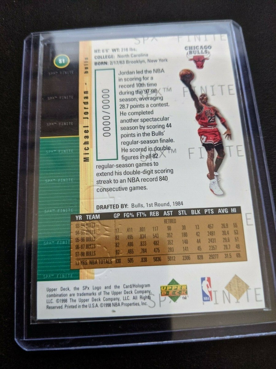 Rare Sample: 1998 98 UPPER DECK SPX FINITE Michael Jordan #S1