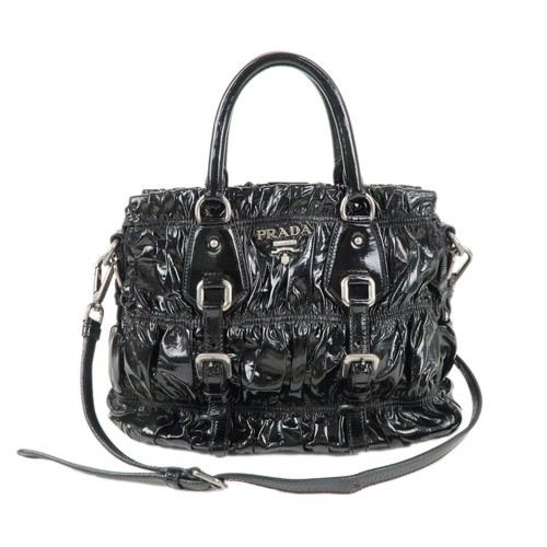 PRADA Logo 2Way Shoulder Bag Hand Bag Black Enamel Leather Auth Used