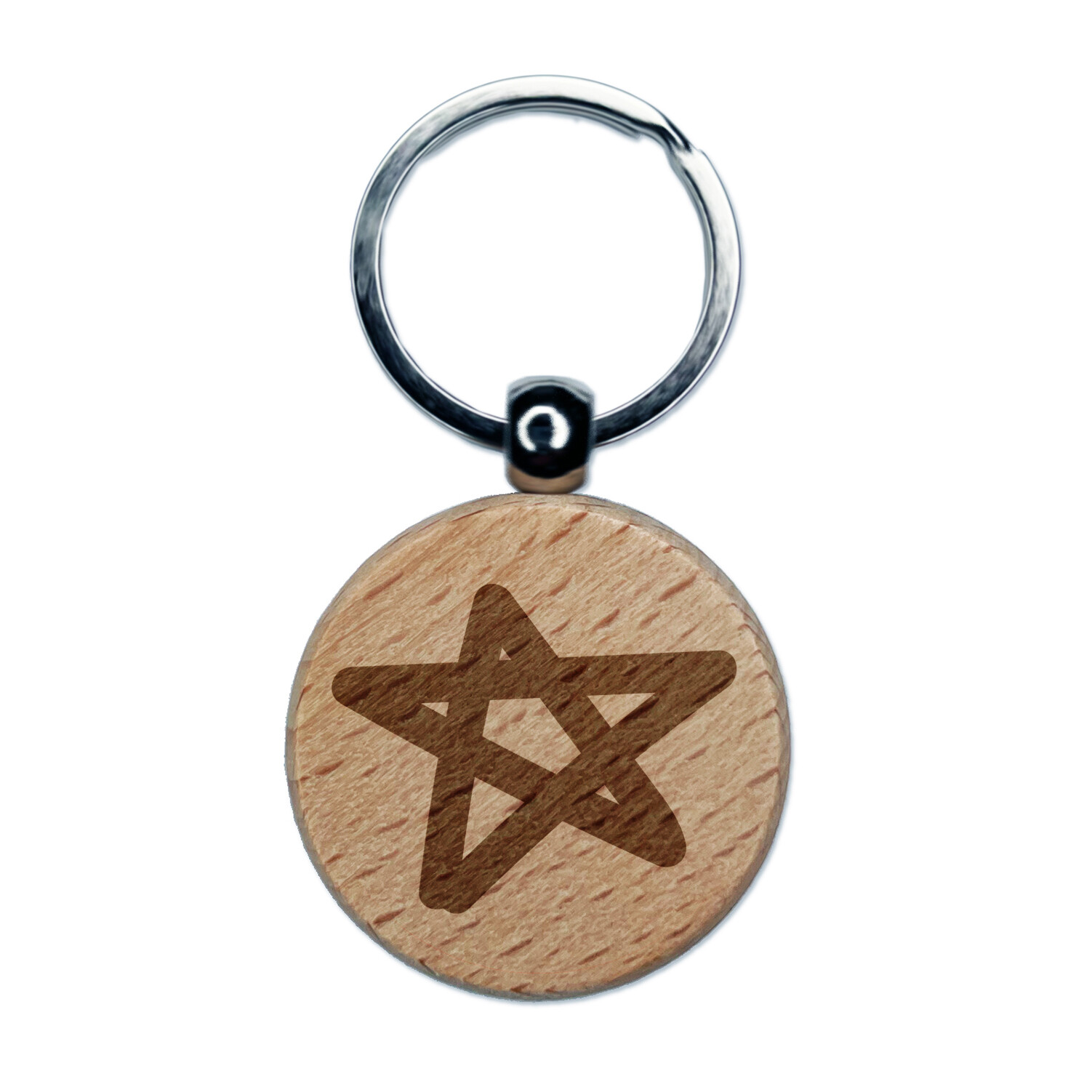 Star Doodle Engraved Wood Round Keychain Tag Charm