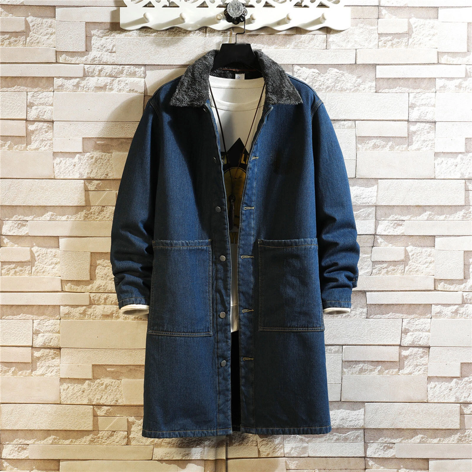 Mens Winter and Autumn Loose Casual Denim Trench Coat Long Coat Jacket