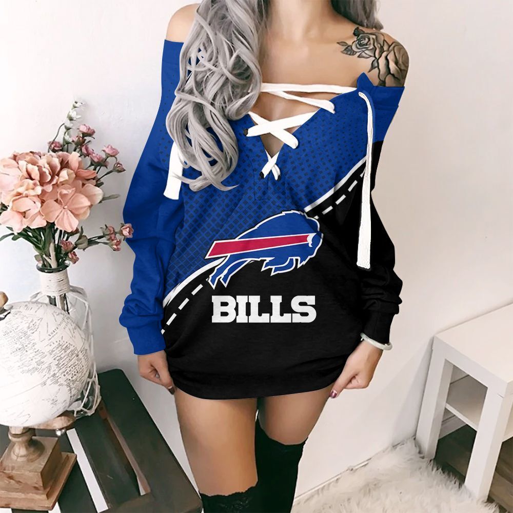 Buffalo Bills Women Off Shoulder V-neck Hoodie Dress Casual Lace up  Sweatshirts