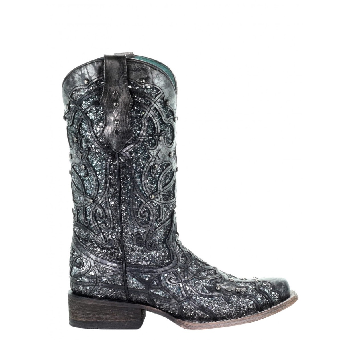 Corral Ladies Black Grey Glitter Inlay Studs Square Toe Boots