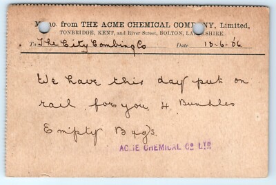 POSTKARTE ACME CHEMICAL Co TONBRIDGE KENT 1906 QUITTUNG - STADTKÄMMEN CO BRADFORD