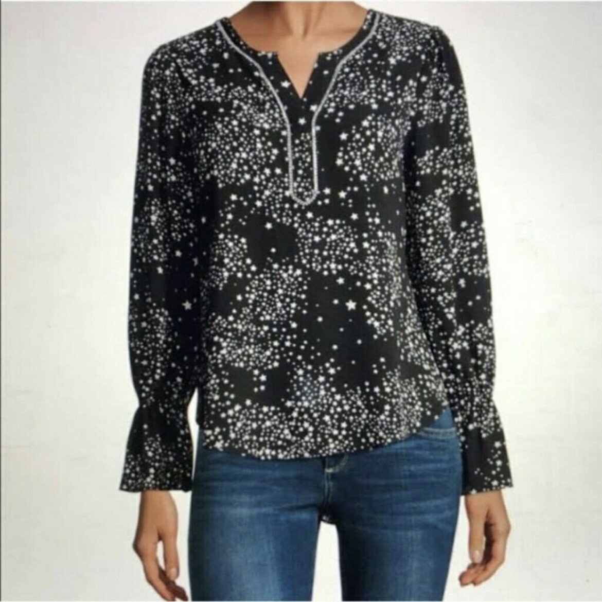 LIBBY EDELMAN Star Pattern Black Blouse with Rhin… - image 1