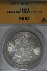1896 $1 VAM 4 DBL STARS Top 100 MS 62 ANACS Morgan Silver $1  Miss Liberty Head