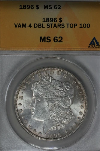 1896 $1 VAM 4 DBL STARS Top 100 MS 62 ANACS Morgan Silver $1  Miss Liberty Head