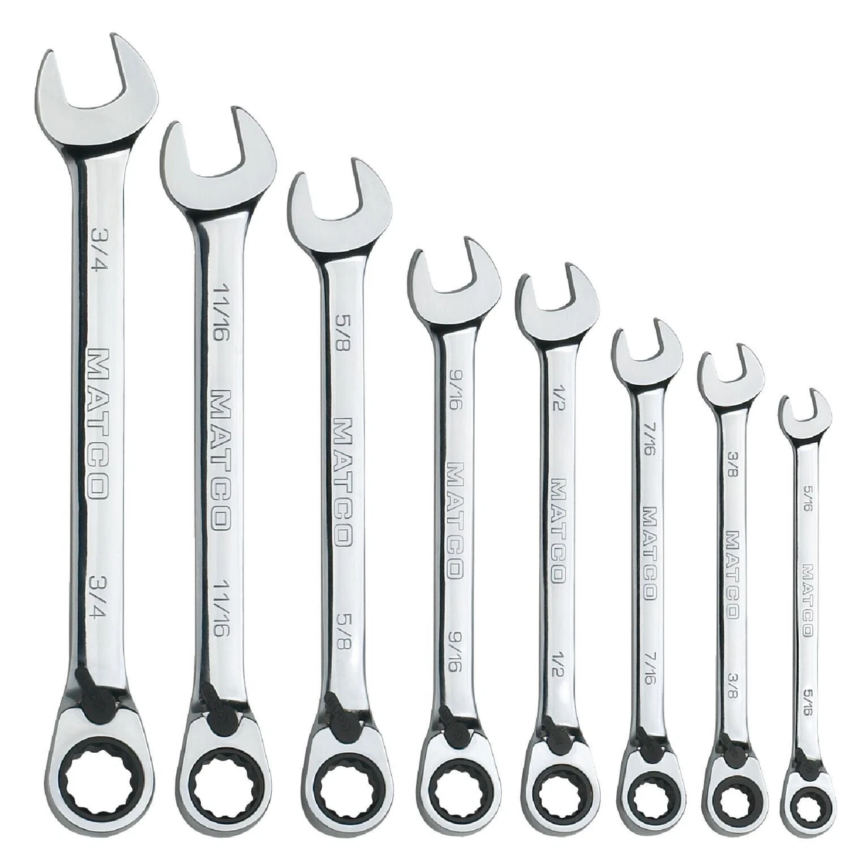 MATCO TOOLS 8 PIECE 72 TOOTH SAE REVERSIBLE COMBINATION RATCHETING WRENCH SET