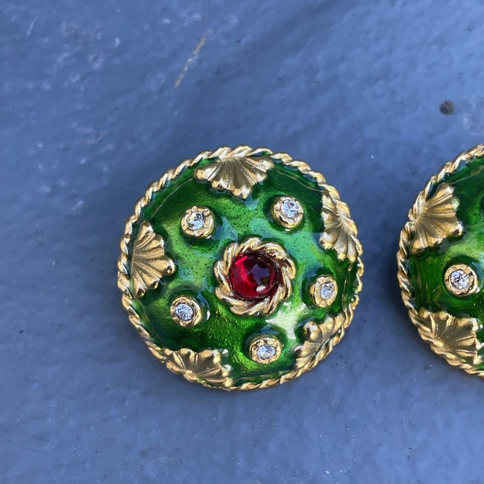 Hermosos Pendientes Vintage Bijoux Yosca Esmalte Verde Tono Dorado Clip En RARO Foto 3 de 4
