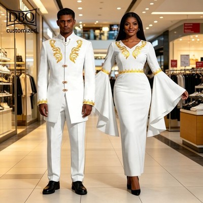 African Couple Wedding Clothes Tailor Made Men's Jacket Pants Set Women Dress