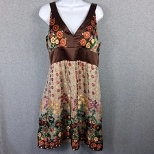 Morrell Maxie Womens Silk Party Dress 12 Brown Floral Shimmer Babydoll Y2K Fairy