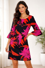 Bold Floral Shift Dress Bell Sleeve Stretch Knit Resort Chic Pink Coral size L