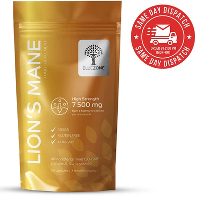 BLUE ZONE WORLD Lion's Mane 7500mg Supplement High Strength for Focus & Clear Thinking