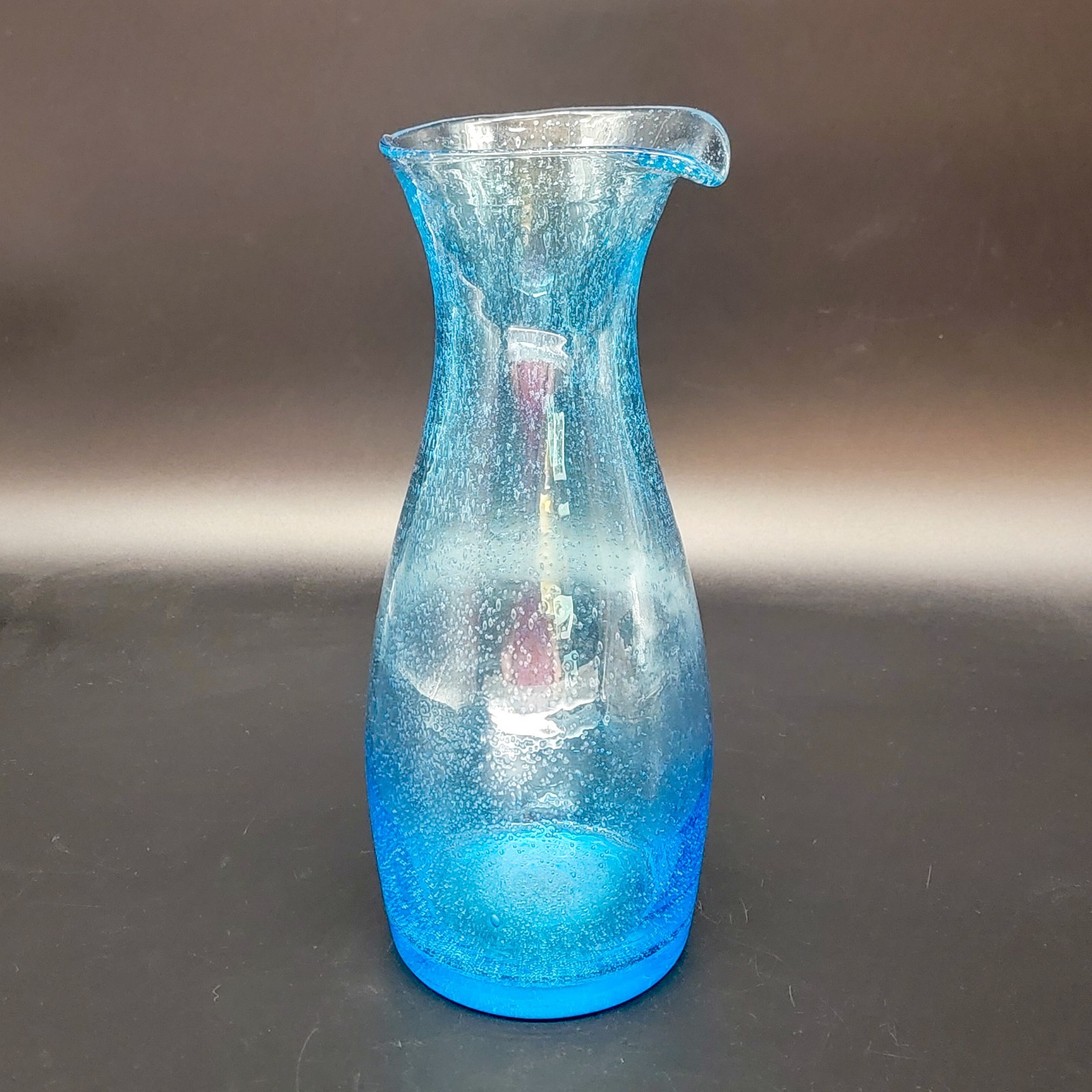 Hand Blown Blue Seeded Glass Carafe Decanter 12 Inch Tall with Bubbles for Water or Wine
