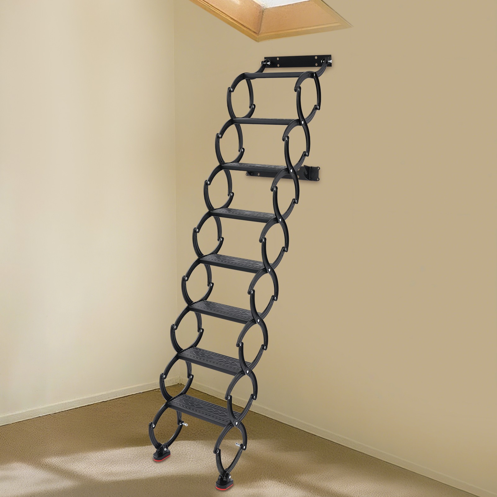 Escalera Plegable Montada en la Pared de 8 Pasos, Escaleras Telescópicas Retráctiles Negras
