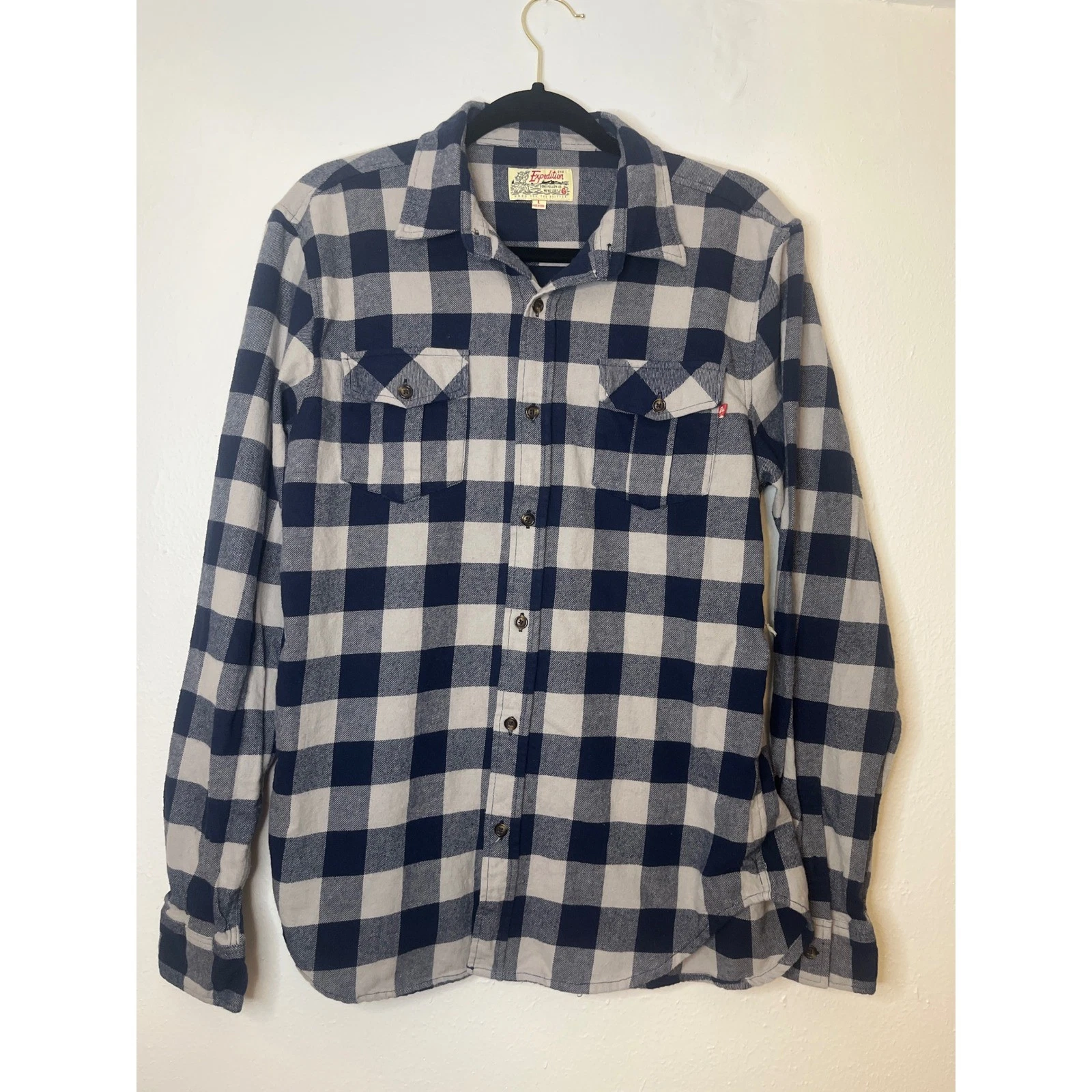 Expedition Outfitters Men's Blue & Gray Flannel Shirt Plaid Button Up L/S Size L
