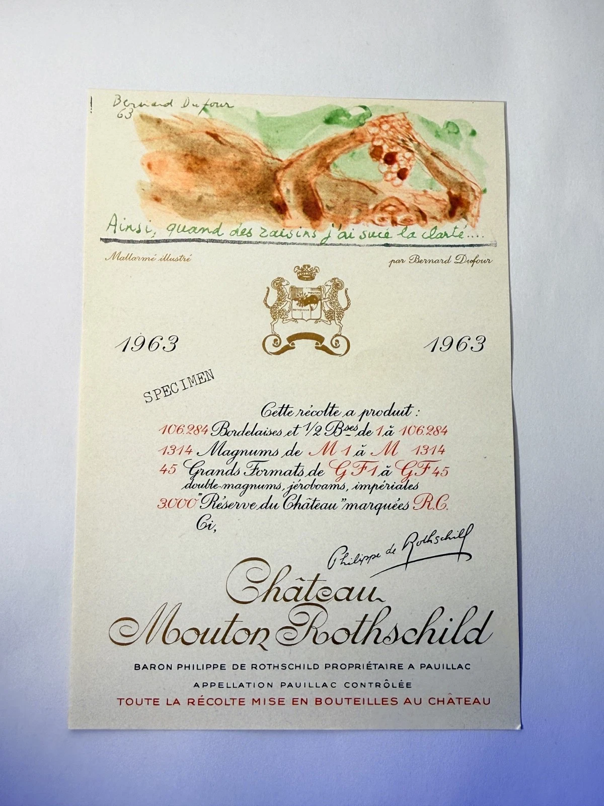 Étiquette De Vin Château Mouton Rotschild Spécimen 1963