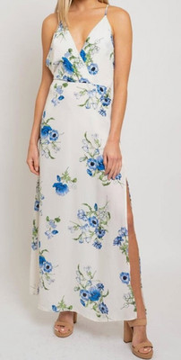 LUSH Maxi Dress Sz XXL Ivory Floral Deep V-Neck Lined Side Slit Back Zip DEFECT
