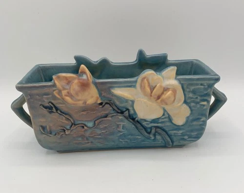 Roseville Art Pottery 1943 Blue Magnolia 2 Handled Window Planter 388-6