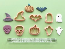 Halloween Set of 7 Polymer Clay Cutter Texture Roller | Pumpkin Bat Skull Ghost