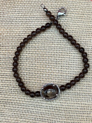 Cabochon Stone Beaded Bracelet 7  Silver Tone Clear Brown Quartz  STS Karis