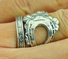Solid 925 Sterling Silver Four-Leaf-Clover Horseshoe Adjustable Spoon Ring
