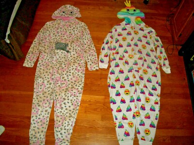 JUSTICE KITTY CAT OR RAINBOW EMOJI HOODED ONE PIECE PAJAMAS SLEEPER GIRLS 18 20