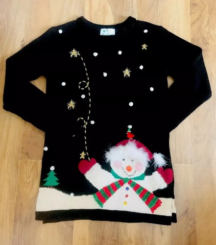 Vintage The Quacker Factory Weihnachten Urlaub schwarz Strick Pullover Schneemann Gr. XS