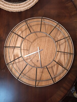 Rare Cage Round Wall Clock Umbra Alan Wisniewski Design Oak Wood Chrome Metal