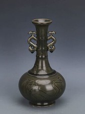11"China Secret Color Glaze Porcelain Yue Kiln Carve Animal Dragon Two Ear Vases