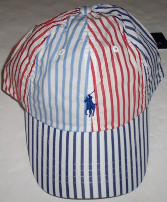 NWT Polo Ralph Lauren White/Blue/Red COLORBLOCK STRIPES Men's Baseball Cap Hat
