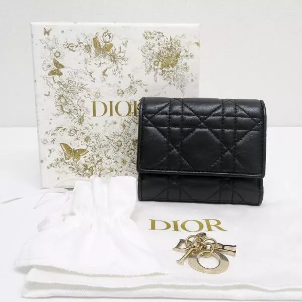 Christian Dior Cannage Lotus Portefeuille Portefeuille Triple Cuir Noir avec Boîte Authentique