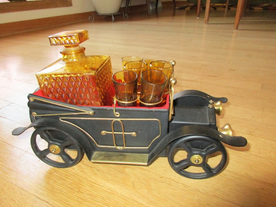 Vintage Car Liquor Decanter Caddy Music Box Plays "How Dry I Am" Works