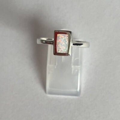 Silberring 925 Silber mit künstlichem Opal in weiß, eckig, Gr. 46 bis Gr. 66