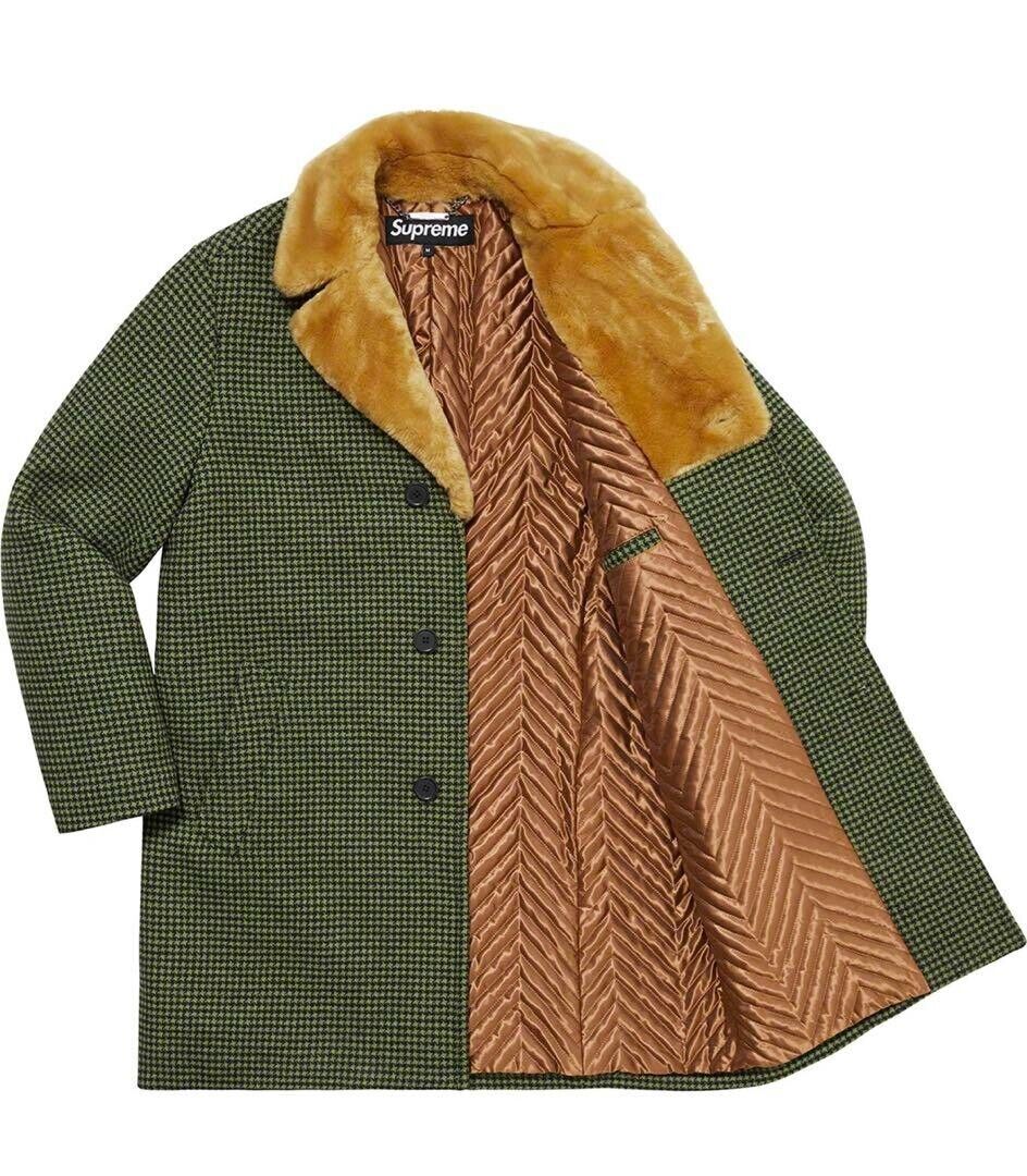 Supreme Fur Collar Car Coat Long Sleeves Green Houndstooth Supreme Fur Collar Car Coat Long Sleeves Green Houndstooth