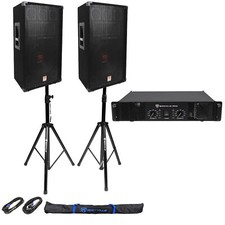  2 Rockville RSG12 PA Speakers  Rockville RPA9 DJ Amp  Stands  Cables  Case