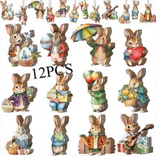 12 PCS Wooden Bunny Decorations Easter Eggs Bunny Animal Themed Hanging
