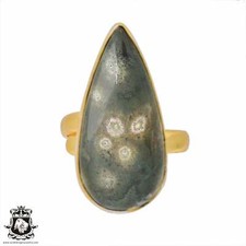 Size 10.5 - Size 12 Adjustable Ocean jasper 24K Gold Plated Ring GPR390