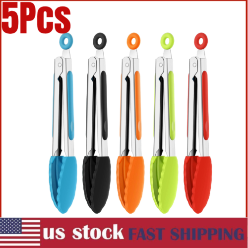 7 Inch Mini Serving Kitchen Tongs with Silicone Tips, Stainless Steel Tongs