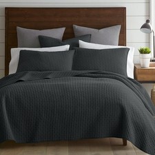 Levtex Home Cross Stitch Full/Queen Quilt Set - 100 Cotton, Charcoal - 3 Piece