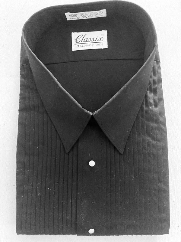 SPRING CLEANING: UNISEX BLACK NEW 3XL  LSLV PLEAT FRONT TUXEDO SHIRT WITH COLLAR