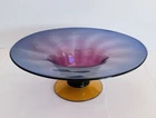Vintage Blenko Glass Bowl Hand Blown Amethyst With Amber Base Sticker