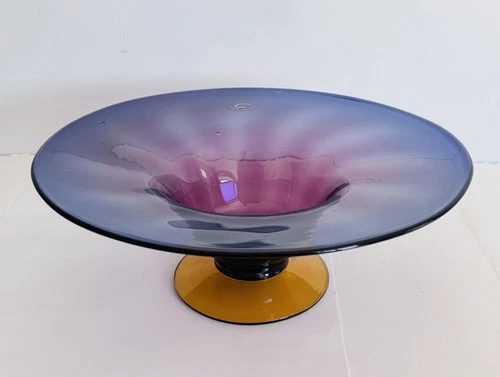 Vintage Blenko Glass Bowl Hand Blown Amethyst With Amber Base Sticker